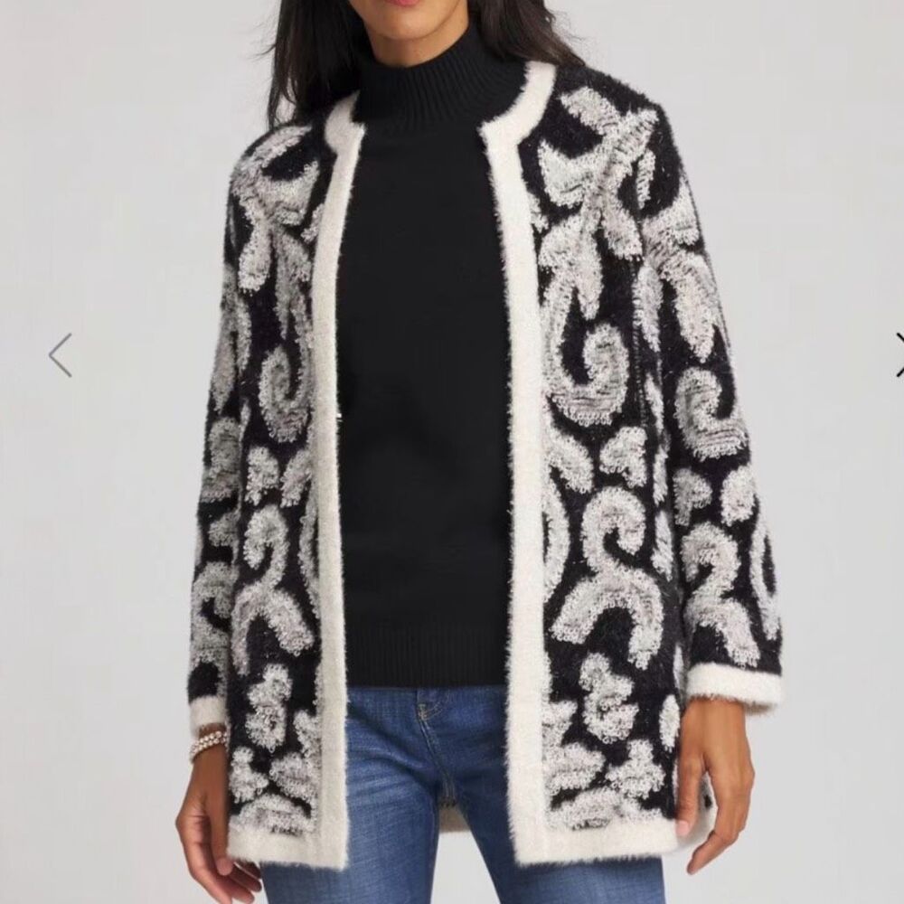 Chico’s Abstract Fuzzy Cardigan Sweater Black‎ White Size 1 Medium